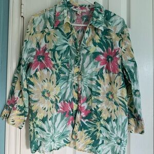 JM Collection Pink Yellow Green 100% Linen Top Women Colorful Floral Blouse